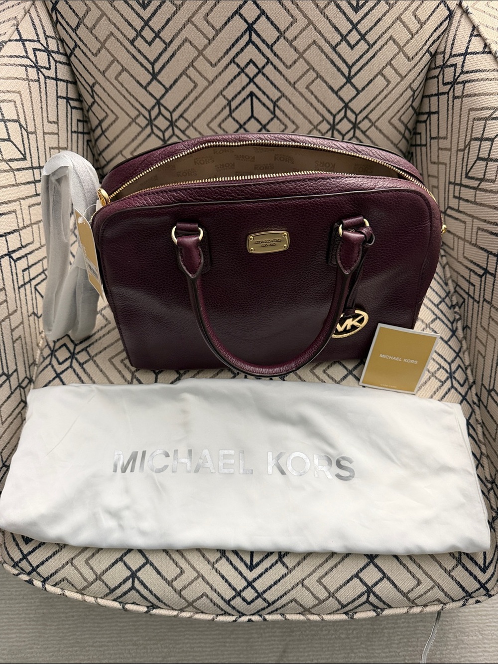 Michael Kors Plum Leather Dome Satchel with Gold Hardware